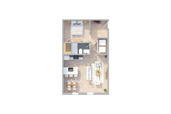 Floor Plan  A top-down view of a house with a living room, dining room, kitchen, and two bedrooms.