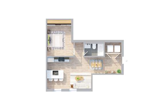 Floor Plan  A top down view of a house interior with a kitchen, living room, and dining area.