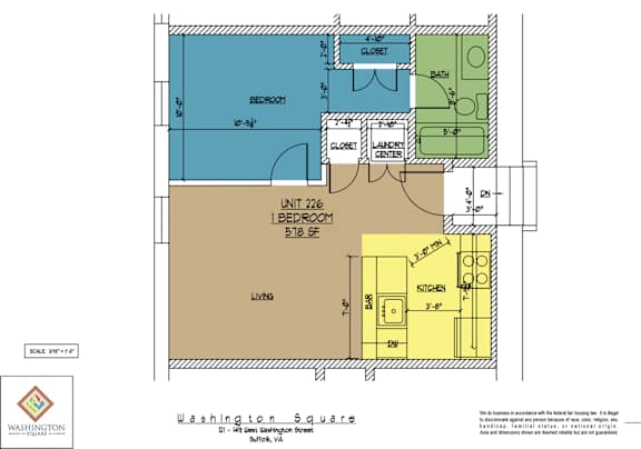 Floor Plan  A floor plan for a Washington Square apartment shows a living room, kitchen, and two bedrooms.