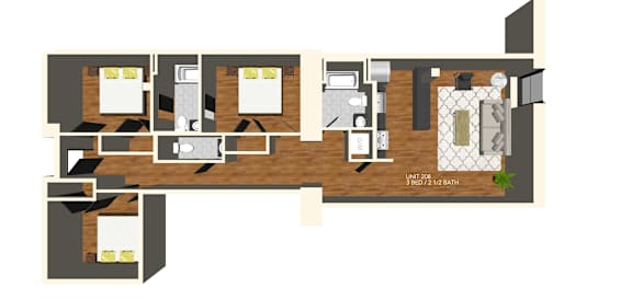 Floor Plan  A floor plan of a house with a kitchen, living room, and two bedrooms.
