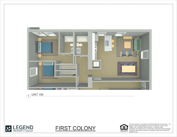 Floor Plan  A floor plan of a unit with a bedroom, living room, and kitchen.