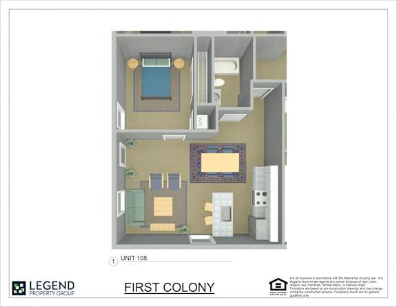 Floor Plan  A floor plan of a small apartment with a bedroom, living room, and kitchen.
