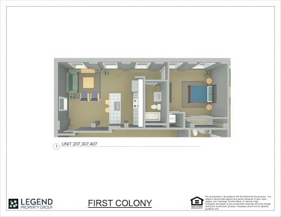 Floor Plan  A floor plan of an apartment in the First Colony by Legend Property Group.