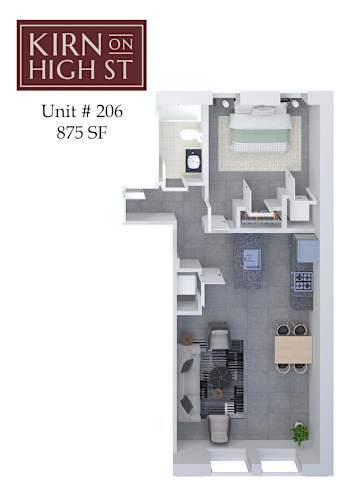 Floor Plan  A floor plan of a one bedroom apartment at Kirn on High St.
