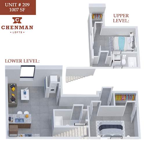 Floor Plan  A Chenman LDFTs apartment floor plan shows a living room, kitchen, and bathroom on the lower level, and a bedroom with an upper level.
