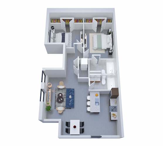 Floor Plan  A top-down view of a small apartment layout with a kitchen, living room, and bathroom.