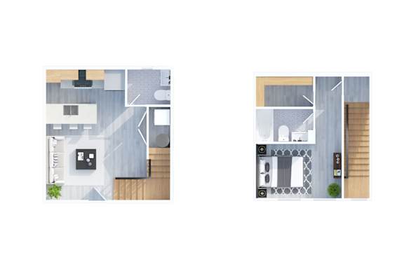 Floor Plan  Two images of a house layout with a kitchen and living room.