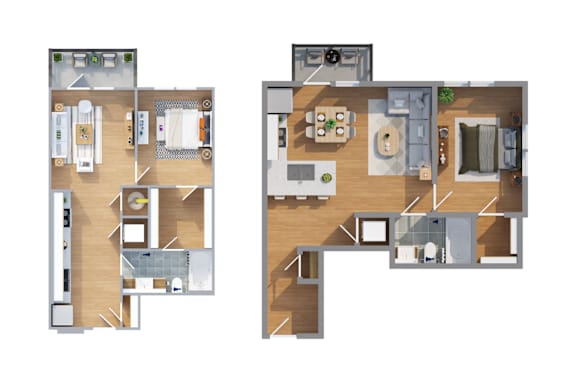 Floor Plan  Two floor plans of a house with a kitchen, living room, and bedrooms.
