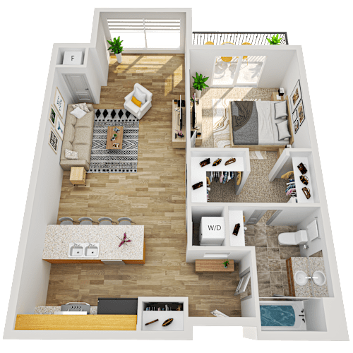 Floor Plan  A top-down view of a small apartment with a kitchen, living room, and bedroom.