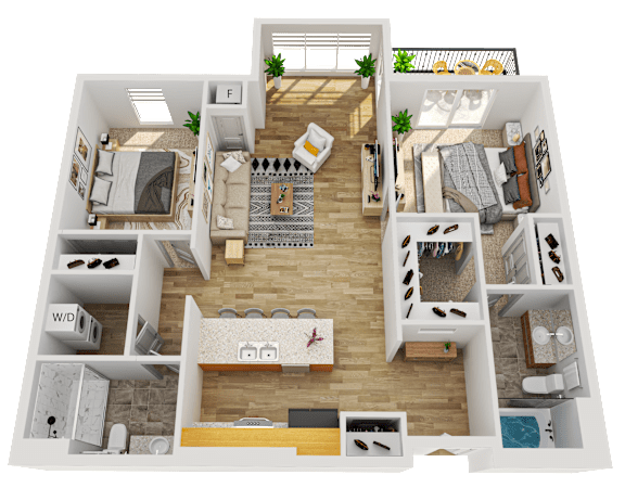 Floor Plan  A 3D floor plan of a house with labeled rooms.