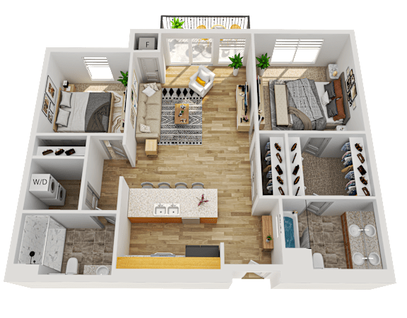 Floor Plan  A 3D floor plan of a small apartment with a living room, kitchen, and bedrooms.