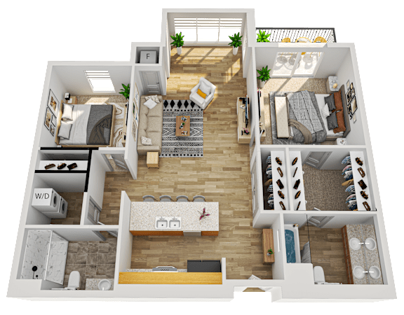 Floor Plan  A 3D floor plan of a house with labeled rooms.
