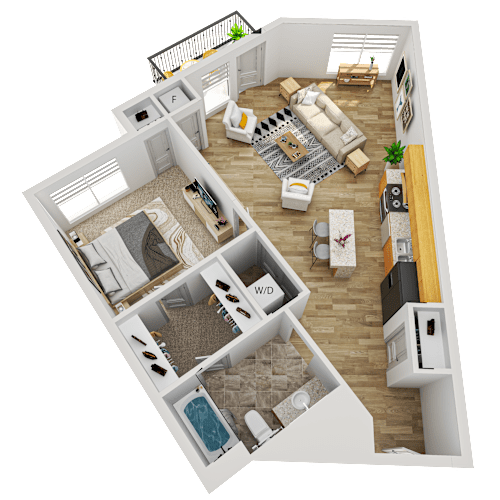 Floor Plan  A 3D floor plan of a small apartment with a living room, kitchen, and bathroom.