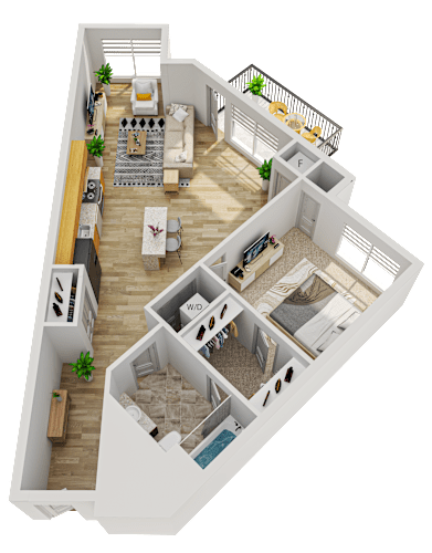 Floor Plan  A 3D floor plan of a house with a living room, kitchen, dining area, and bedrooms.
