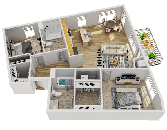 Floor Plan  A 3D floor plan of a house with labeled rooms.