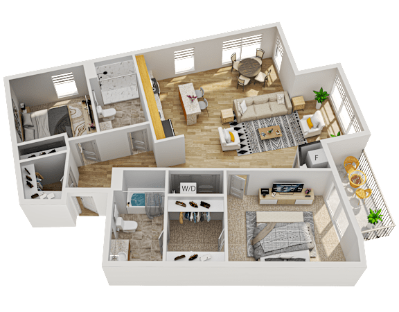 Floor Plan  A 3D floor plan of a house with multiple rooms and furniture.
