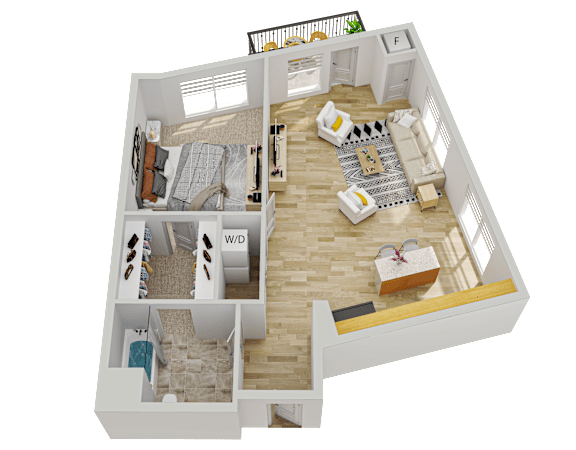 Floor Plan  A 3D floor plan of a house layout.