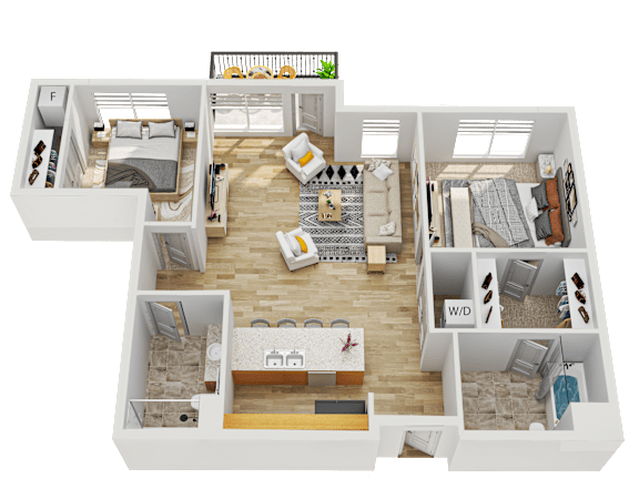 Floor Plan  A 3D floor plan of a house with labeled rooms.