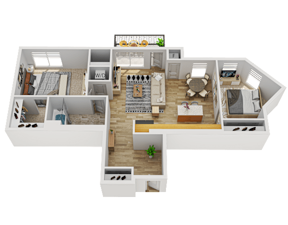 Floor Plan  A 3D floor plan of a house with labeled rooms.