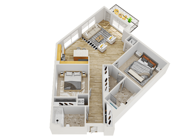 Floor Plan  A 3D floor plan of a house with labeled rooms.