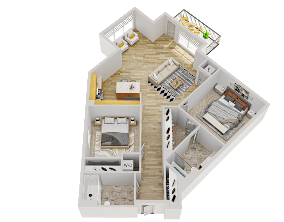 Floor Plan  A 3D floor plan of a house with labeled rooms.