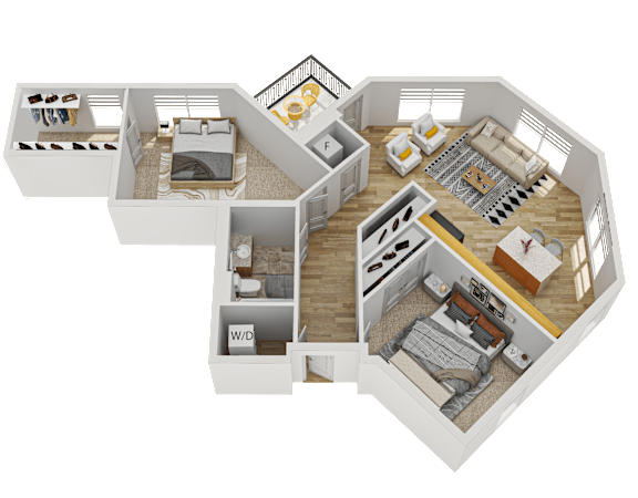 Floor Plan  A 3D floor plan of a house with labeled rooms.