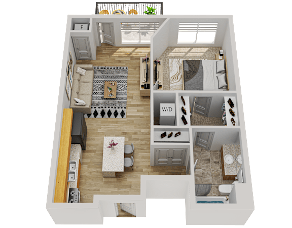 Floor Plan  A 3D floor plan of a house showing a living room, kitchen, and bedrooms.