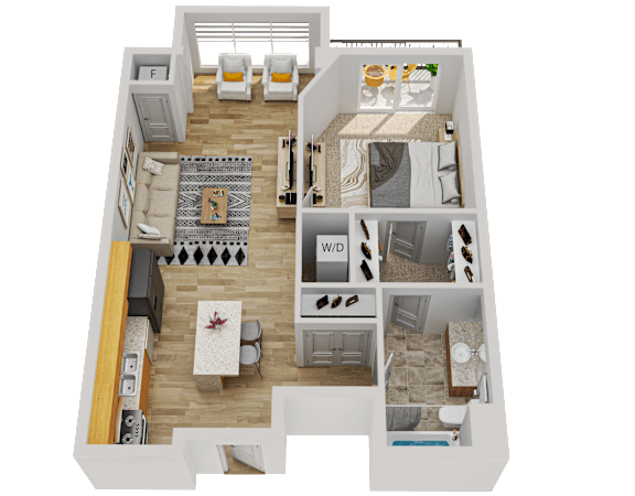 Floor Plan  A 3D floor plan of a small apartment with a living room, kitchen, and bedroom.