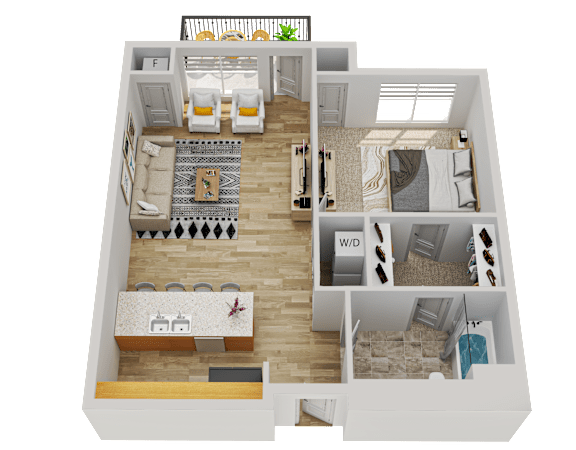 Floor Plan  A 3D floor plan of a house with a living room, dining area, kitchen, and bedrooms.