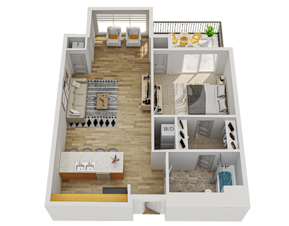 Floor Plan  A 3D floor plan of a small apartment with a living room, kitchen, dining area, and bedrooms.