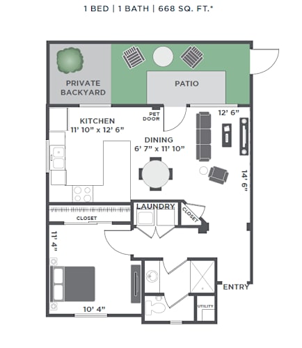 Floor Plan  A floor plan of a 1 bedroom, 1 bathroom apartment that is 668 square feet.