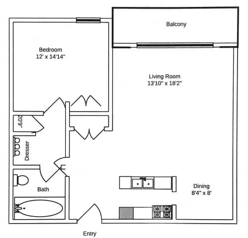 Floor Plan  A black and white image of a house plan with a balcony, bedroom, living room, dresser, bath, dining area, and entry.