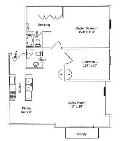 Floor Plan  A floor plan of a home with a living room, two bedrooms, a kitchen, and a balcony.