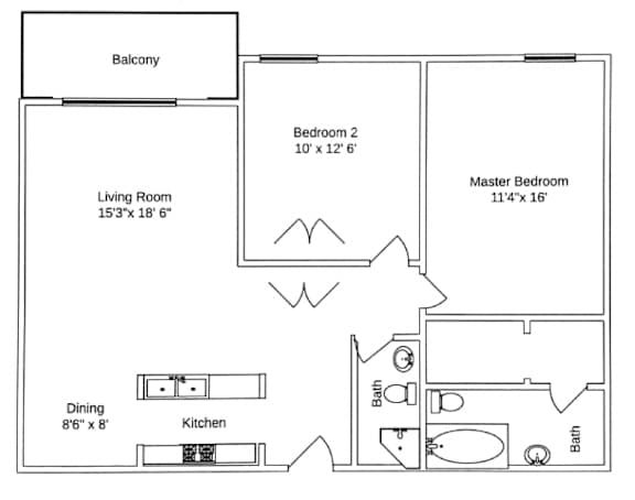 Floor Plan  A floor plan of a home with a living room, two bedrooms, a dining area, a kitchen, and a balcony.