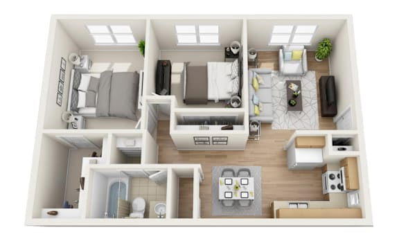 Floor Plan  A 3D floor plan of a small apartment with a kitchen, living room, and bathroom.
