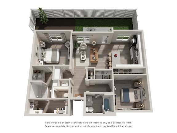 Floor Plan  A 3D floor plan of a house with a kitchen, living room, and two bedrooms.