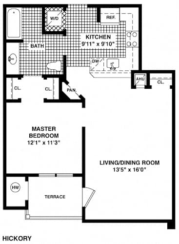 Floor Plan  A floor plan of a hickory style home with a kitchen, master bedroom, and living/dining room.