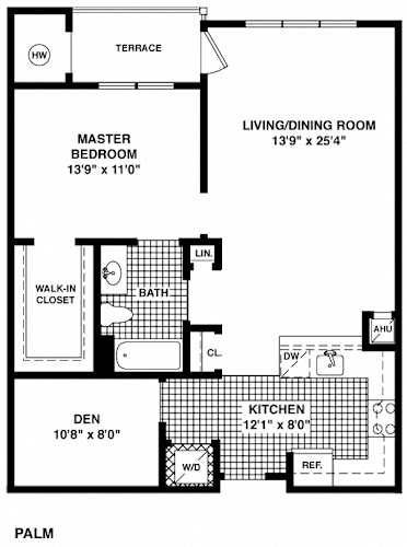 Floor Plan  A black and white image of a house floor plan with a living and dining room, kitchen, bathroom, and bedrooms.