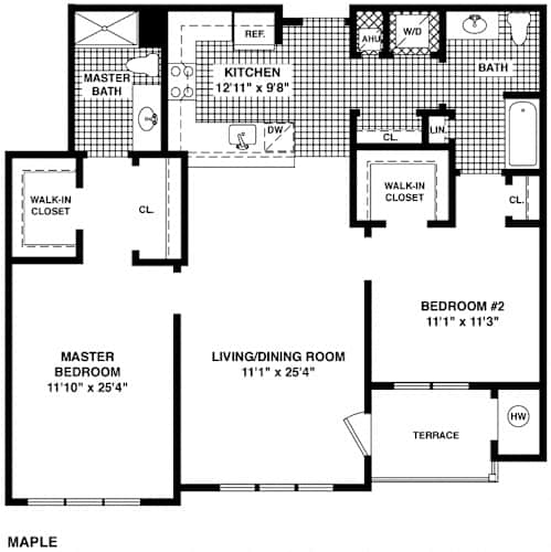 Floor Plan  A black and white floor plan of a house with a master bedroom, a living/dining room, a kitchen, a bath, and a walk-in closet.
