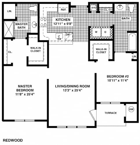 Floor Plan  A black and white image of a floor plan for a Redwood home.