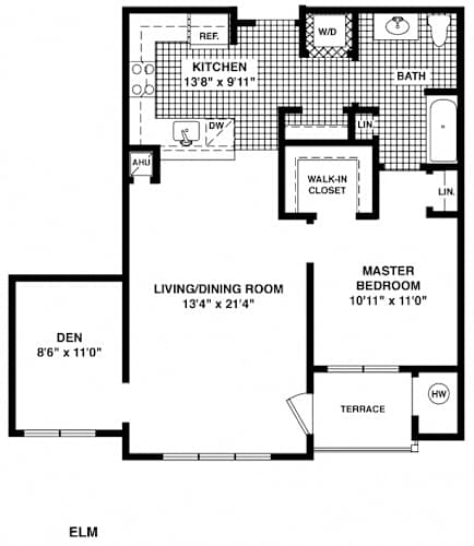 Floor Plan  A floor plan of a home with a kitchen, living/dining room, and master bedroom.
