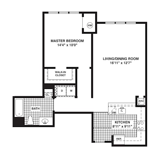 Floor Plan  A black and white image of a floor plan for a home with a master bedroom, living/dining room, kitchen, and bathroom.
