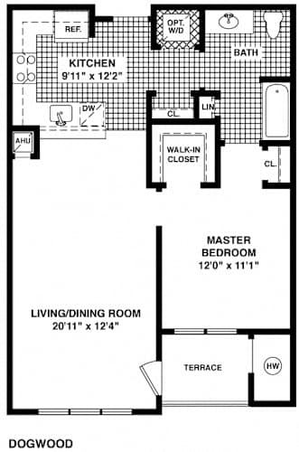 Floor Plan  A black and white image of a floor plan for a dogwood home.