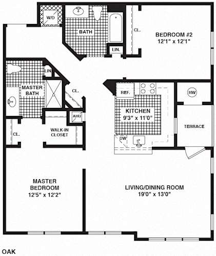 Floor Plan  A black and white image of a floor plan for a home with a master bedroom, a living/dining room, a kitchen, and a bathroom.