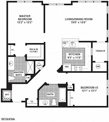 Floor Plan  A black and white image of a floor plan for a Sequoia home.