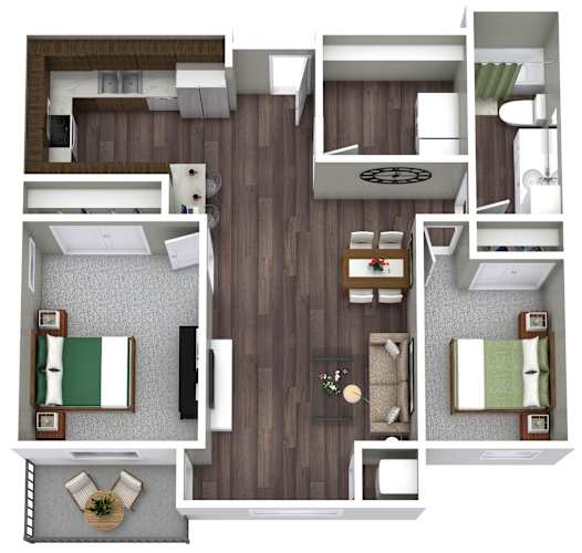 Floor Plan  A top-down view of a small apartment with a living room, kitchen, and two bedrooms.