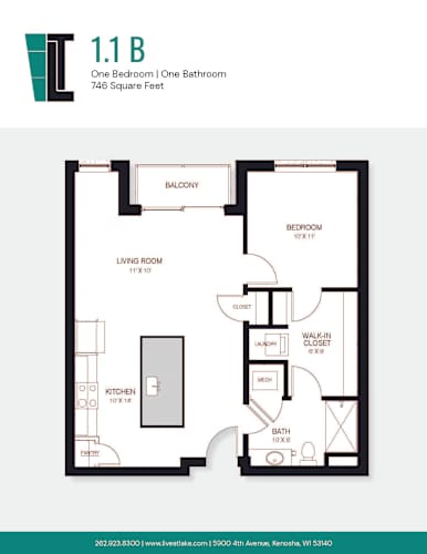 Floor Plan  A floor plan of a 1.1 B apartment with one bedroom and one bathroom.