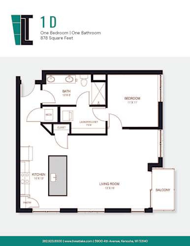 Floor Plan  A floor plan of a 1D apartment with one bedroom and one bathroom.