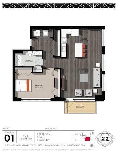 Floor Plan  A floor plan of a 924 square feet apartment with one bedroom, one bathroom, and one balcony.