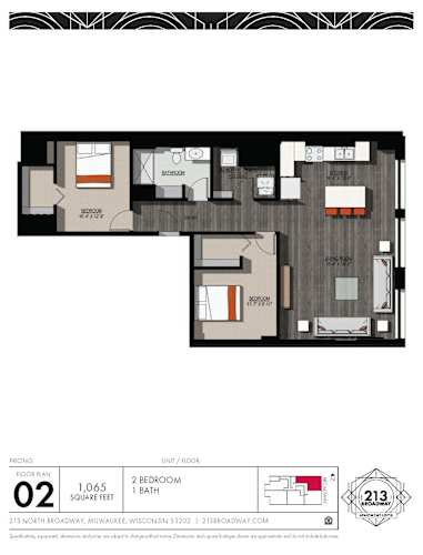 Floor Plan  A floor plan of a 1,065 square foot apartment with two bedrooms and one bath.